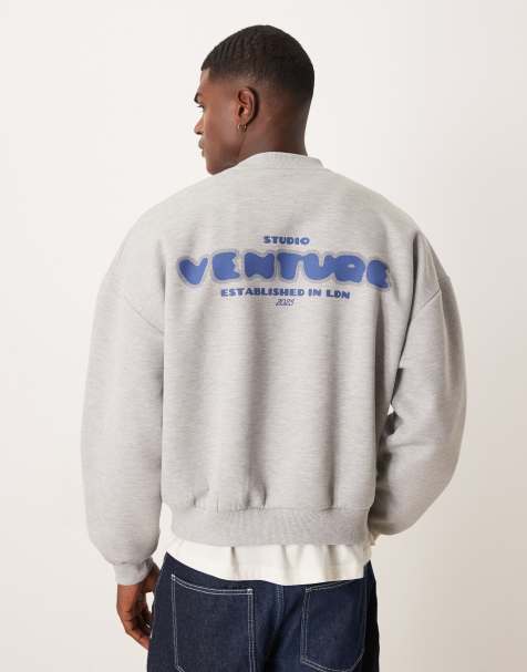 ASOS DESIGN heavyweight scuba-style fabric sweatshirt with chest print in heather gray - view 1
