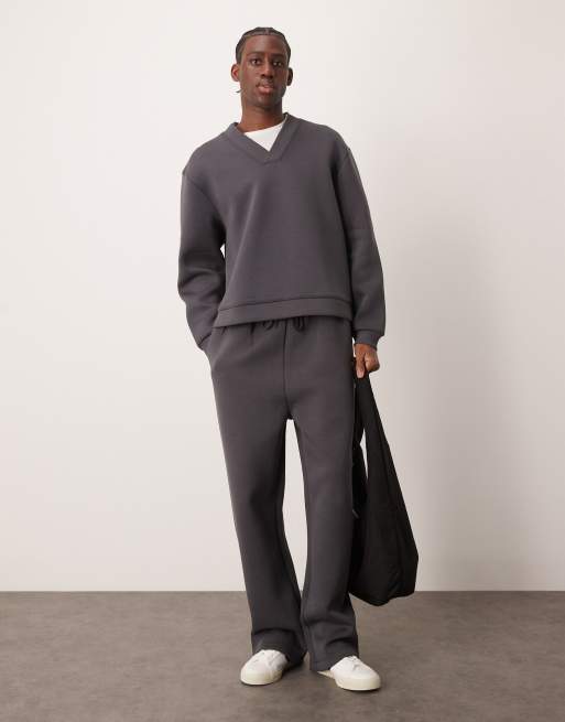 ASOS DESIGN heavyweight scuba wide leg jogger with pleats in grey