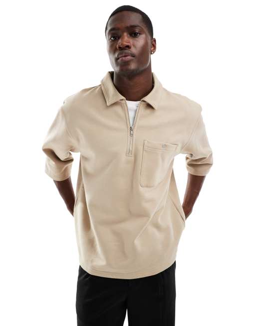  ASOS DESIGN heavyweight short sleeve sweatshirt with half zip in beige