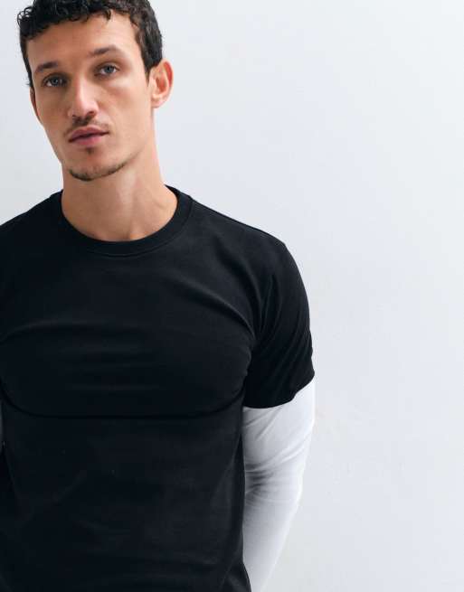 ASOS DESIGN heavyweight slim fit long sleeve t-shirt with double layer effect in black and white, 3 of 5