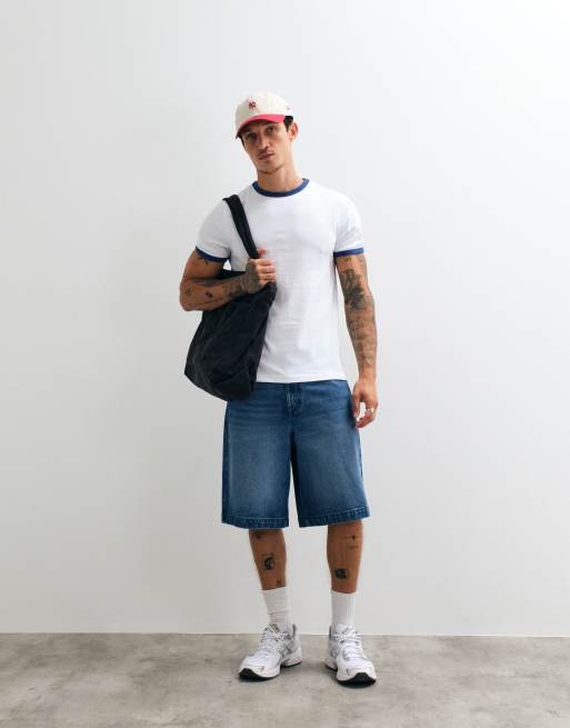 ASOS DESIGN heavyweight slim fit t-shirt with contrast ringer in white and blue, 2 of 5