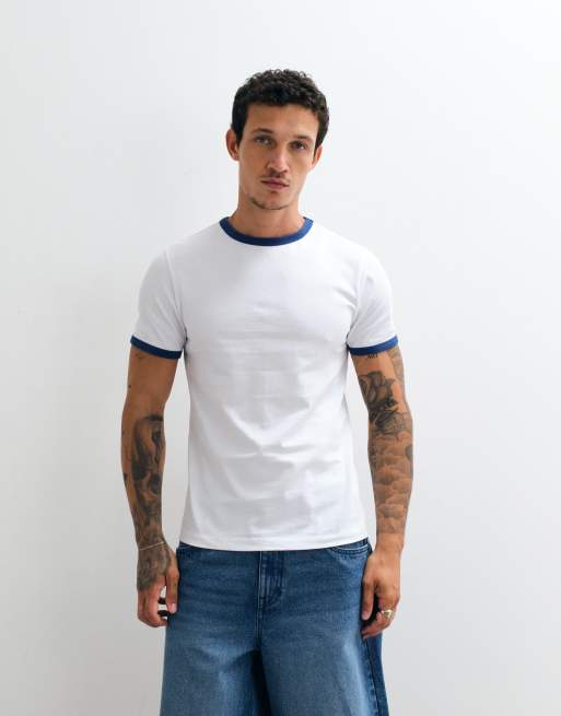 ASOS DESIGN heavyweight slim fit t-shirt with contrast ringer in white and blue, 3 of 5