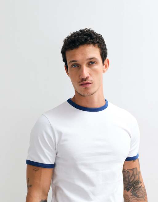 ASOS DESIGN heavyweight slim fit t-shirt with contrast ringer in white and blue, 4 of 5