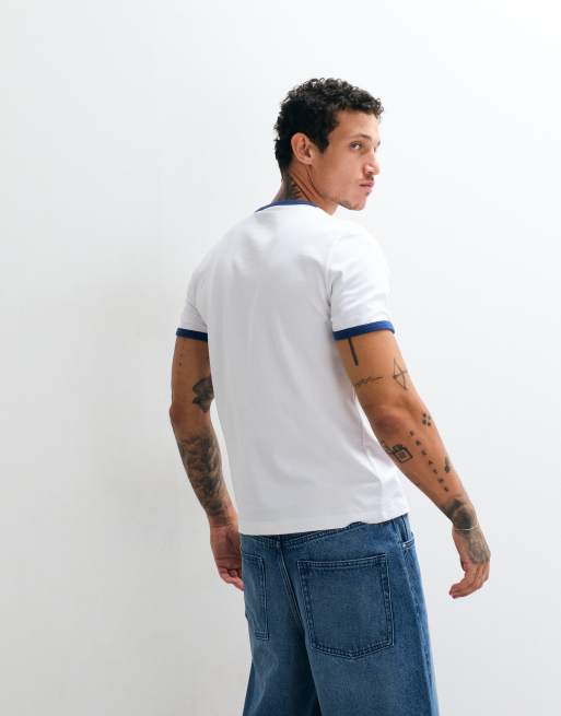 ASOS DESIGN heavyweight slim fit t-shirt with contrast ringer in white and blue, 5 of 5