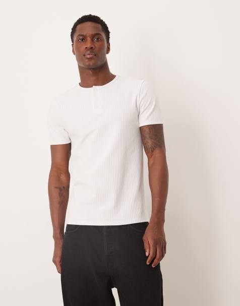 ASOS DESIGN heavyweight slim fit t-shirt with henley neck in white jacquard rib - view 1