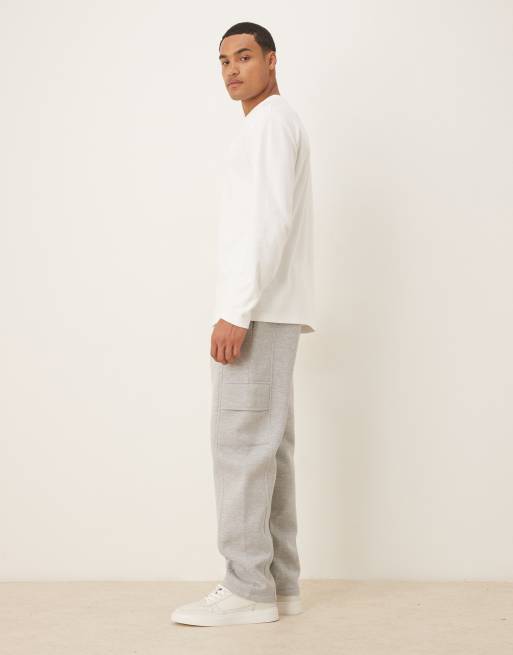 ASOS DESIGN heavyweight straight cargo trackies in scuba-style fabric in grey marl, 3 of 5