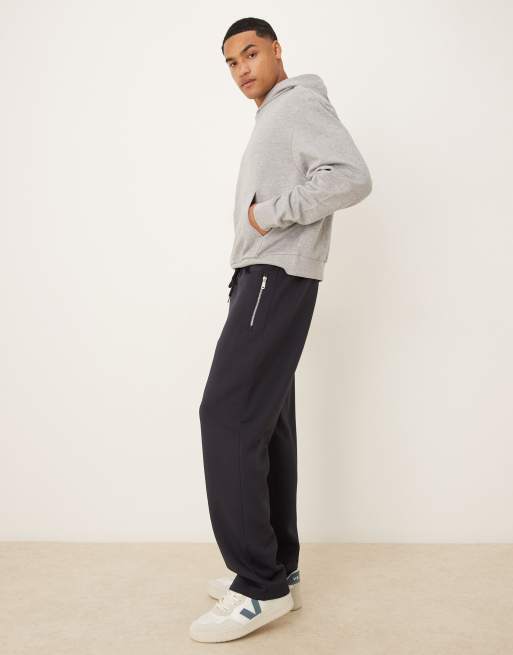 ASOS DESIGN heavyweight straight joggers with zip pockets in scuba-style fabric in navy - NAVY, 3 of 5