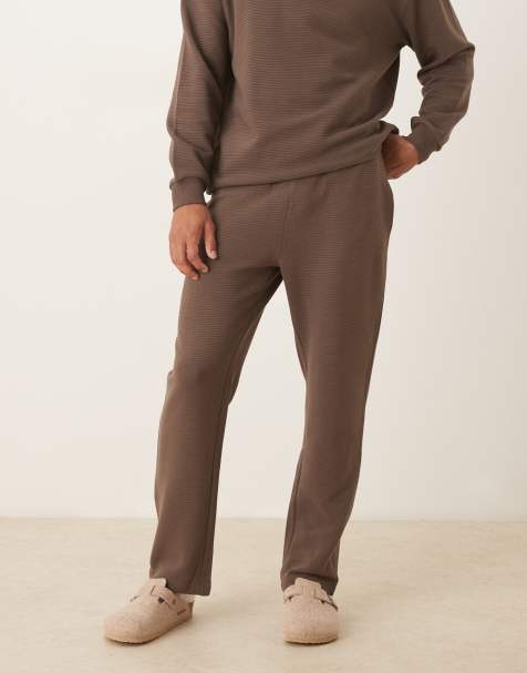 ASOS DESIGN heavyweight straight sweatpants in ribbed scuba-style fabric in brown - part of a set - view 1