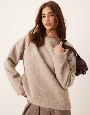 Asos Design Heavyweight Supersoft Cut And Sew Crew Neck Sweater In Beige-brown