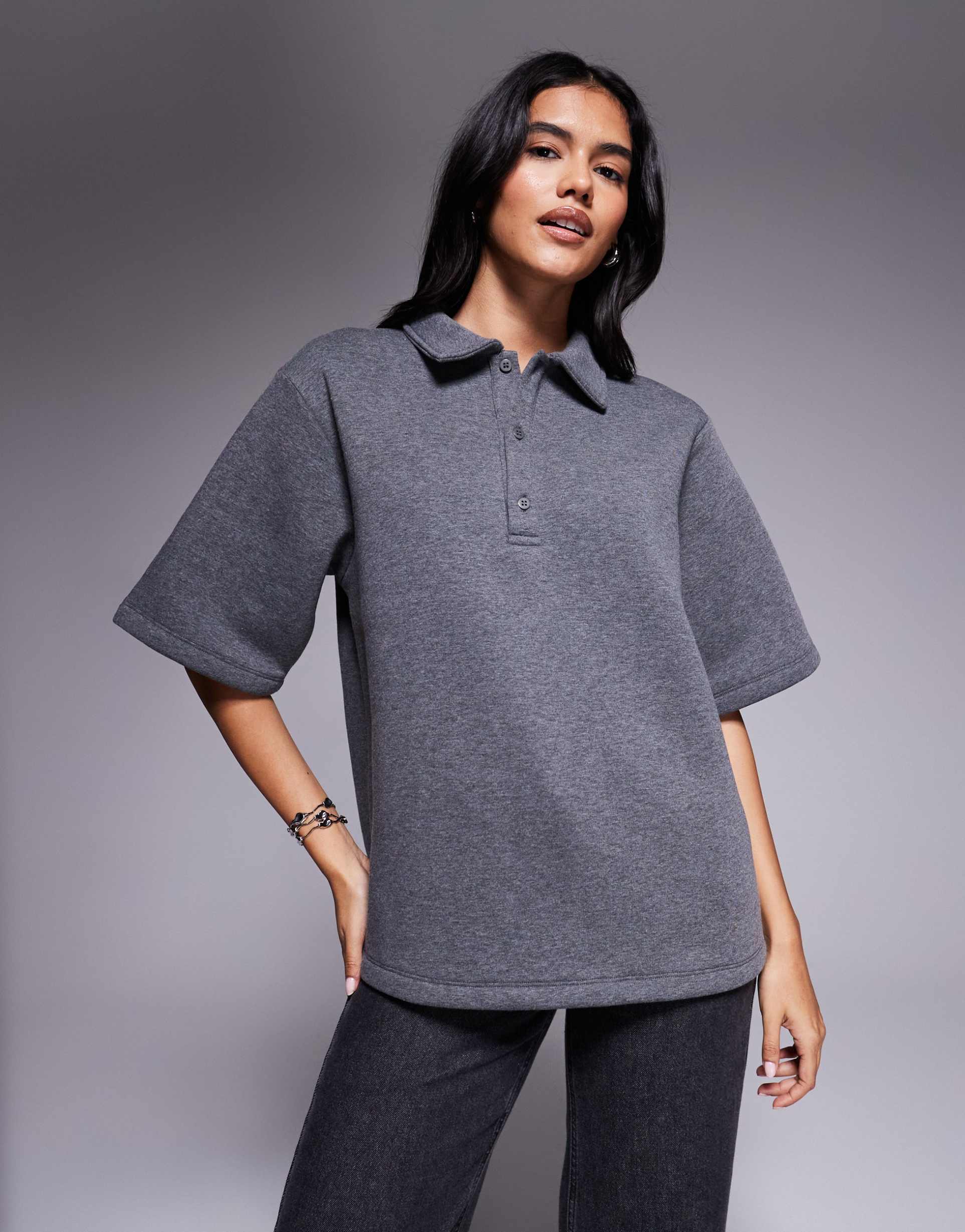 asos design heavyweight sweatshirt-material boxy oversized rugby top in charcoal