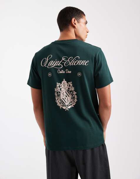 ASOS DESIGN heavyweight regular fit t-shirt with text and crest graphic in dark green