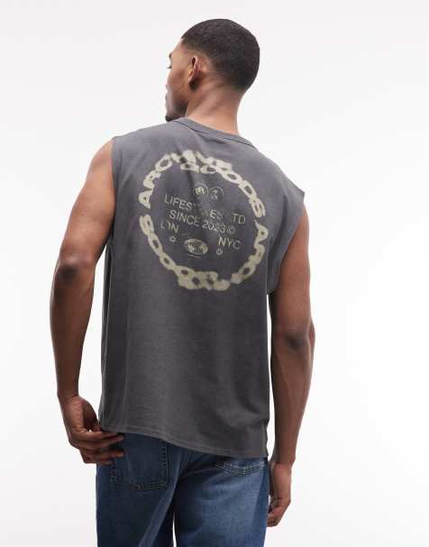 ASOS DESIGN heavyweight tank with text graphic in washed charcoal
