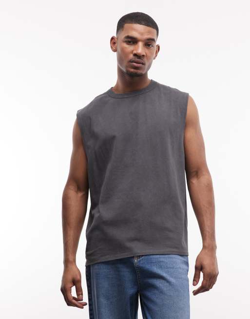ASOS DESIGN heavyweight tank with text graphic in washed charcoal, 2 of 5