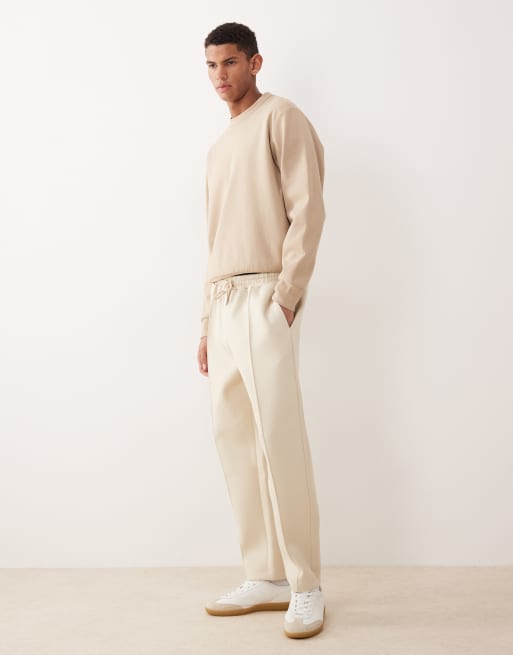 ASOS DESIGN heavyweight  tapered fit jogger in scuba-style fabric in biege - STONE, 3 of 5