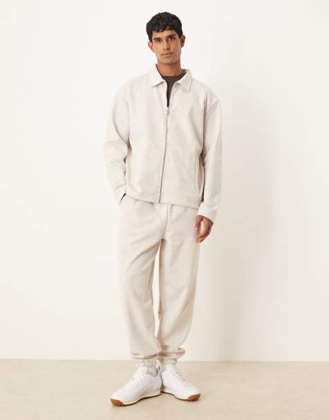 ASOS DESIGN heavyweight tapered jogger in scuba-style fabric in oatmeal marl - view 1