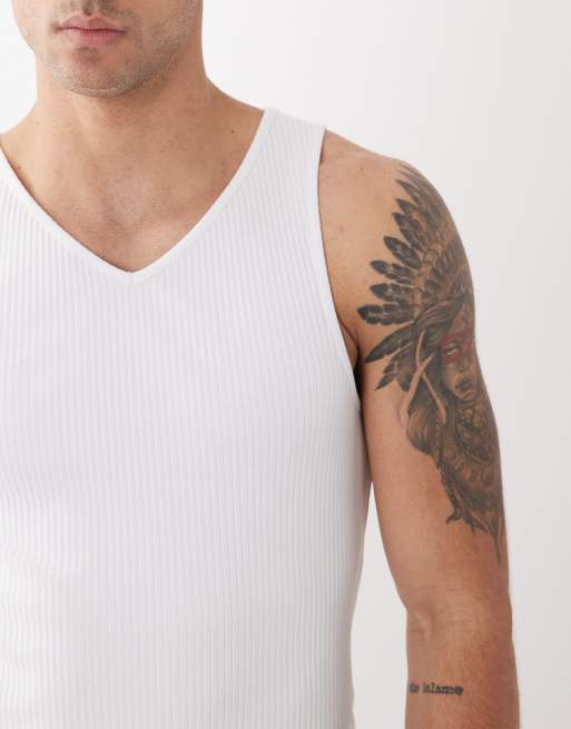 ASOS DESIGN heavyweight v-neck muscle fit vest in white rib , 5 of 5