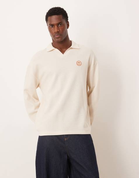ASOS DESIGN heavyweight waffle oversized long sleeve t-shirt with embroidered smile in off white - view 1