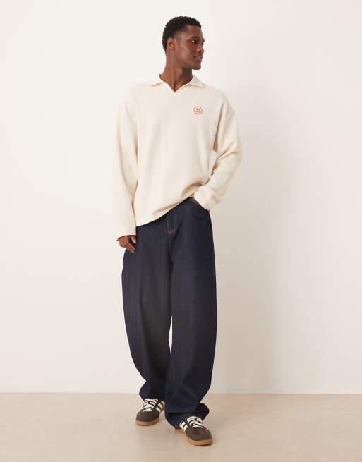 ASOS DESIGN heavyweight waffle oversized long sleeve T-shirt with embroidered smile in off white , 2 of 5
