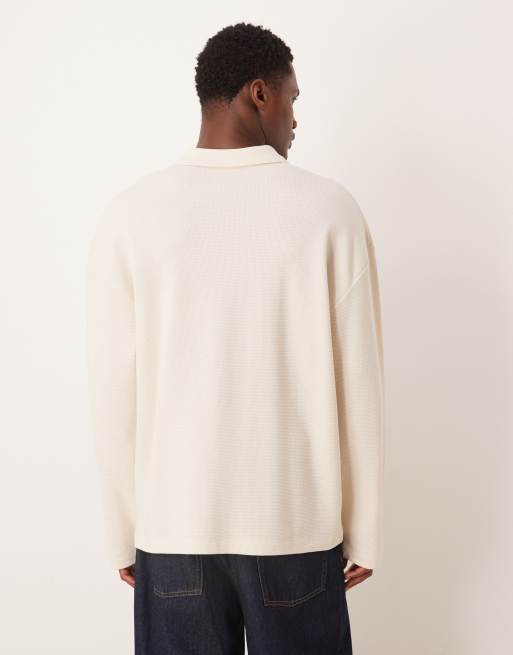 ASOS DESIGN heavyweight waffle oversized long sleeve T-shirt with embroidered smile in off white , 3 of 5