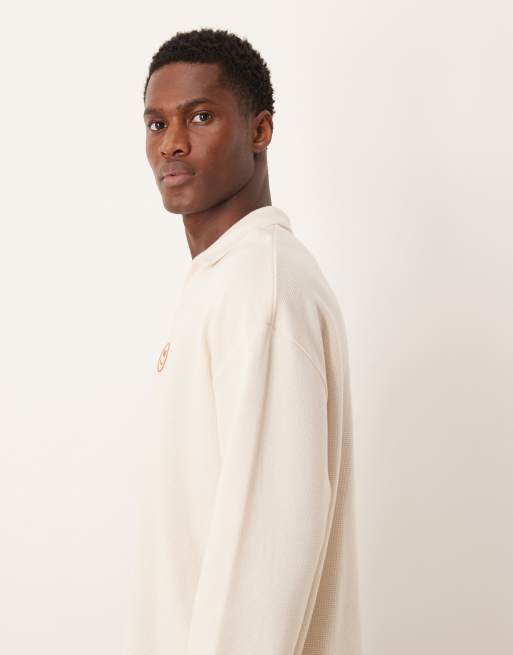ASOS DESIGN heavyweight waffle oversized long sleeve T-shirt with embroidered smile in off white , 4 of 5
