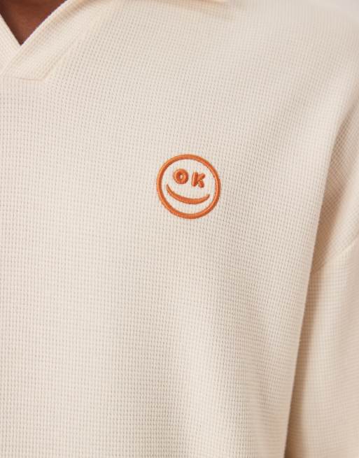ASOS DESIGN heavyweight waffle oversized long sleeve T-shirt with embroidered smile in off white , 5 of 5