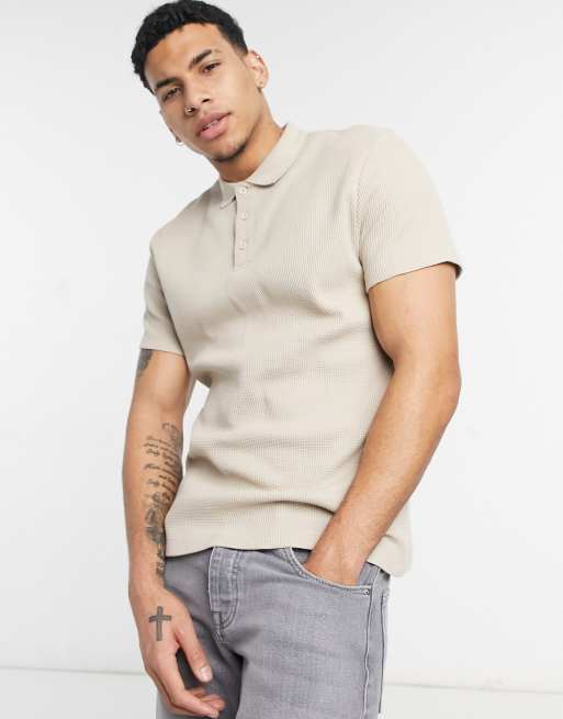 ASOS DESIGN heavyweight waffle polo shirt in beige | ASOS