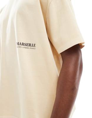 Asos Design Heavyweight Washed Boxy Oversized T-shirt With Summer Graphic And Pigment Dye In Neutral