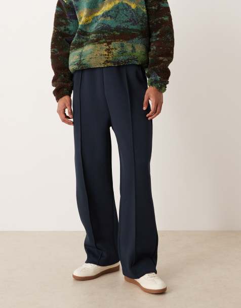 ASOS DESIGN heavyweight wide leg sweatpants with pleats in scuba-style fabric in navy - view 1
