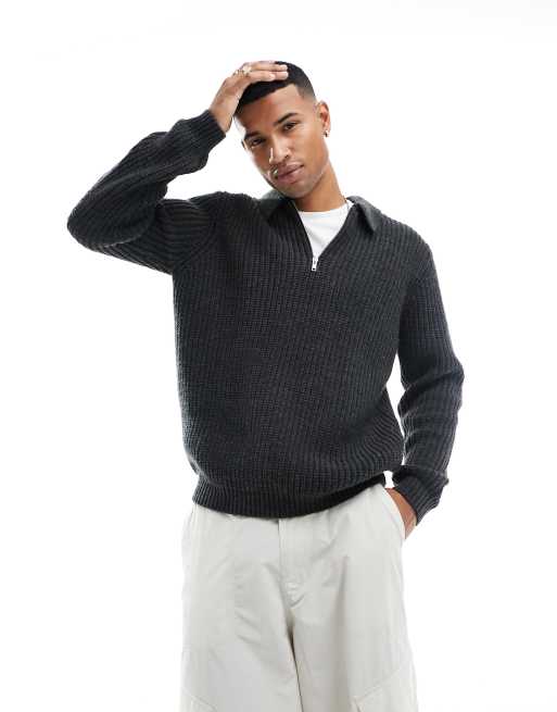 ASOS DESIGN heavyweight wool mix ribbed 1/4 zip sweater in charcoal