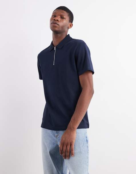 ASOS DESIGN heavyweight zip polo in navy soft touch - view 1