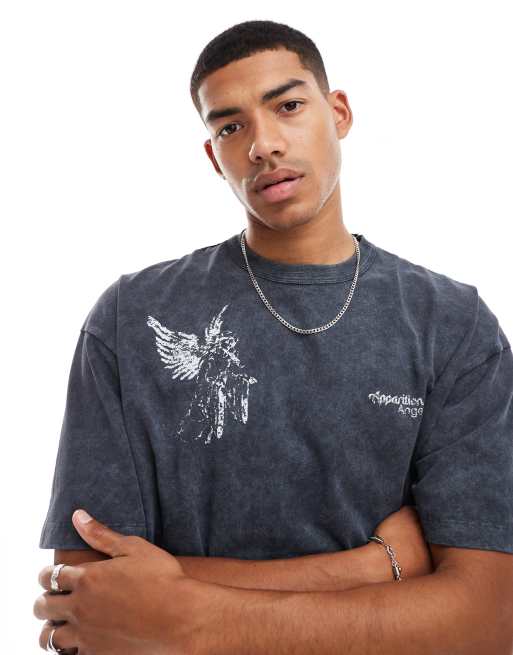 ASOS DESIGN heayweight boxy oversized t-shirt in  washed black with angel multiplacement print , 2 of 4