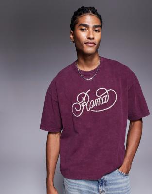 asos ASOS DESIGN heayweight boxy oversized t-shirt with city graphic in washed burgundy