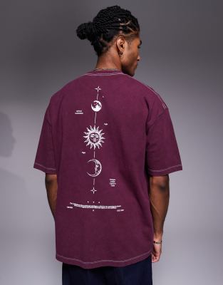 ASOS DESIGN heayweight oversized t-shirt in  washed black with celestial spine print in burgundy - view 1