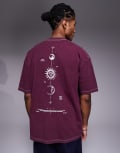 [ASOS DESIGN] ASOS DESIGN heayweight oversized t-shirt in washed black with celestial spine print in burgundy-Red S Port royale