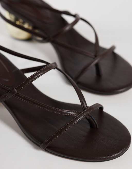 ASOS DESIGN Hebe strappy ball heeled flip flop sandals in chocolate, 3 of 4