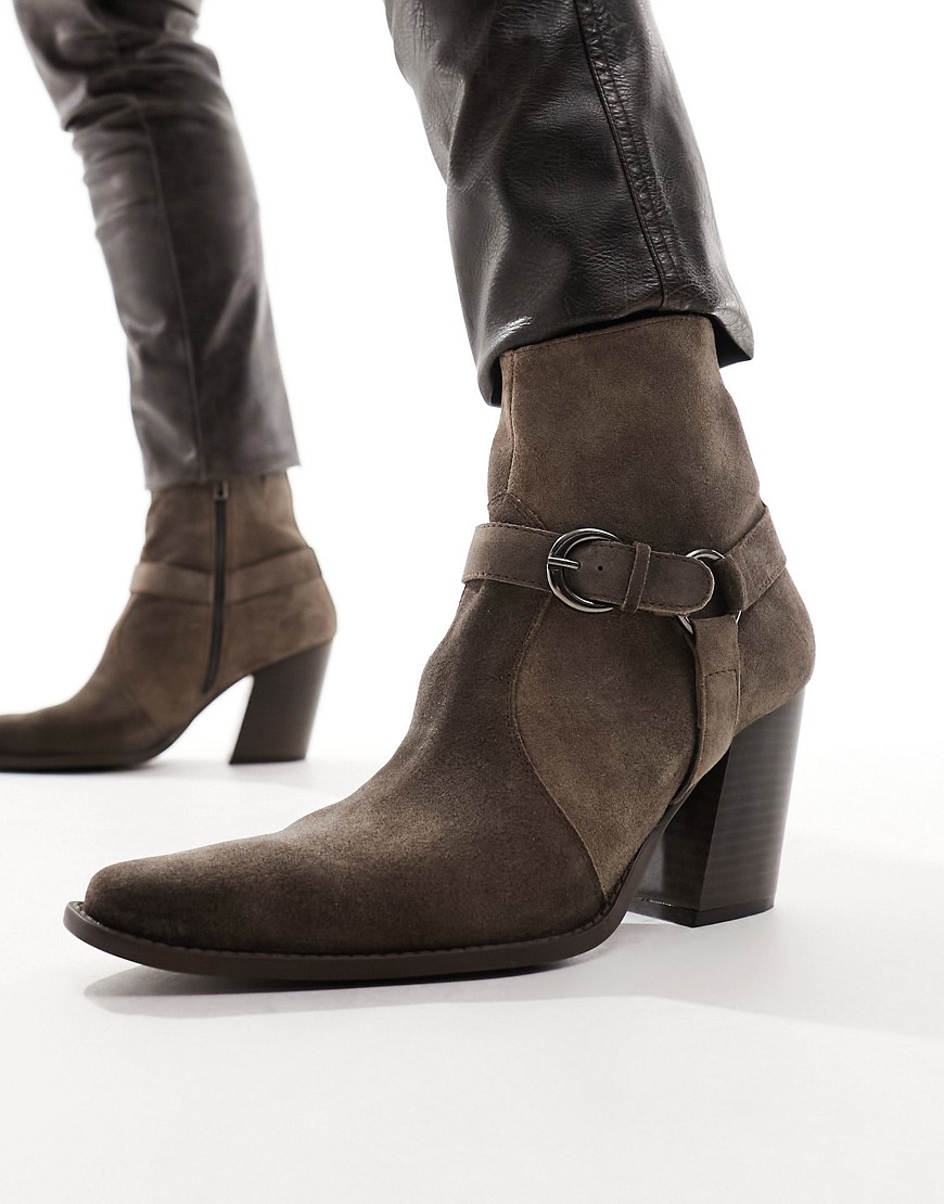 ASOS DESIGN heeled boot in brown suede with buckle detail