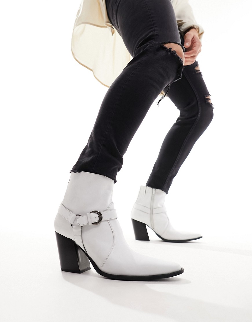 Asos Design Heeled Boot In White Leather With Buckle Detail