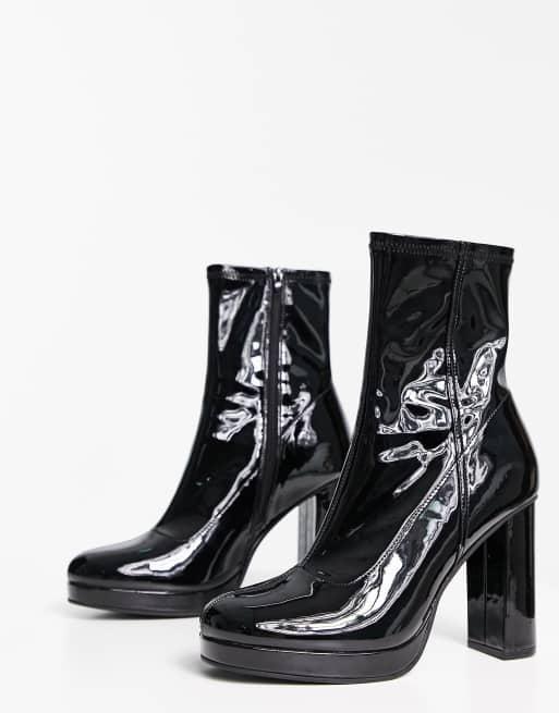 Patent black cheap heeled boots