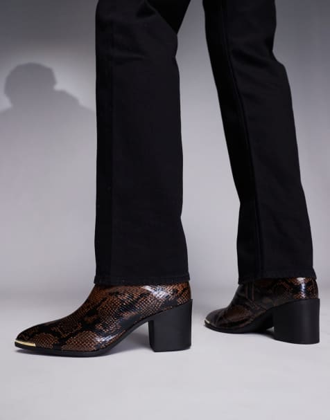 ASOS DESIGN heeled boots in brown snake with gold trim - view 1