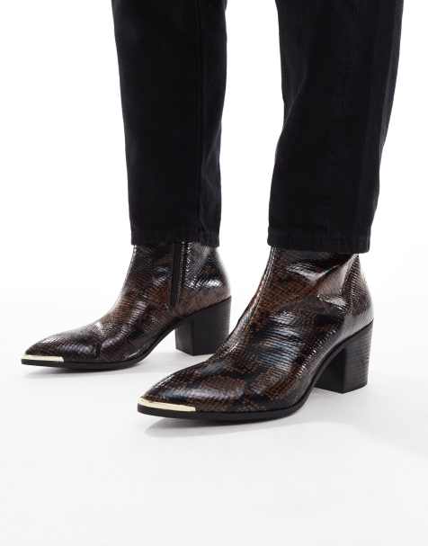ASOS DESIGN heeled boots in brown snake with gold trim - view 1