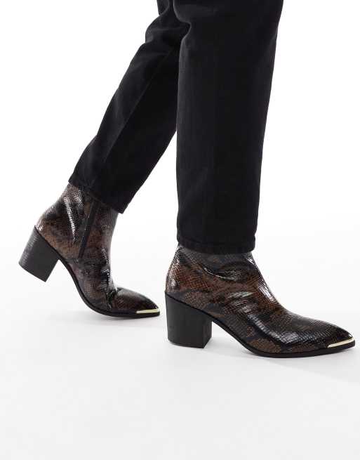ASOS DESIGN heeled boots in brown snake with gold trim