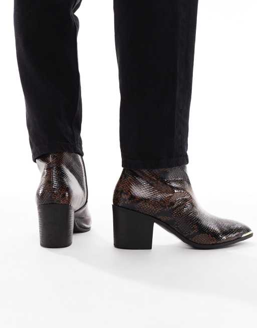 ASOS DESIGN heeled boots in brown snake with gold trim