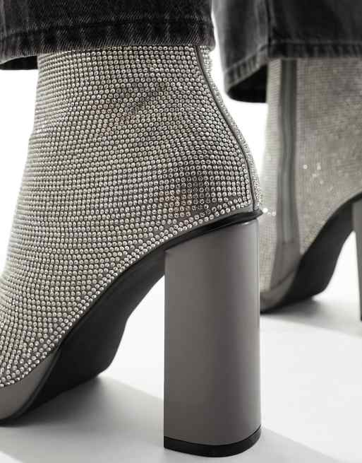 ASOS DESIGN heeled boots in silver diamante studding