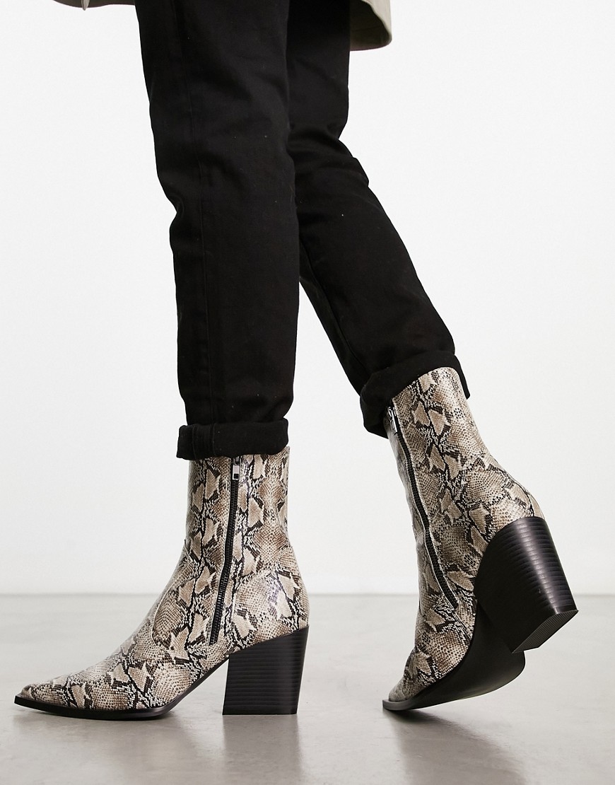 Asos Design Heeled Boots In Snake Print Faux Leather-gray