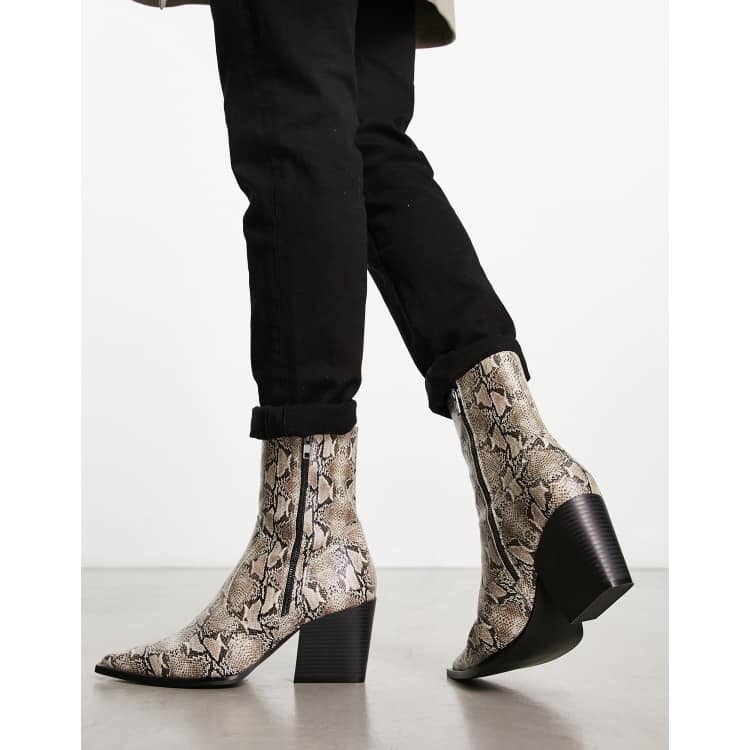 ASOS DESIGN heeled boots in snake print faux leather