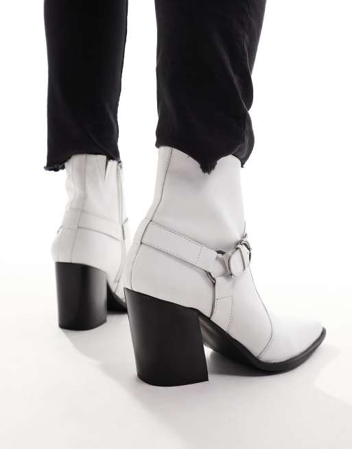 ASOS DESIGN heeled boots in white leather with buckle detail ASOS