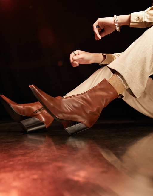 ASOS DESIGN heeled brown leather chelsea boot with angled heel