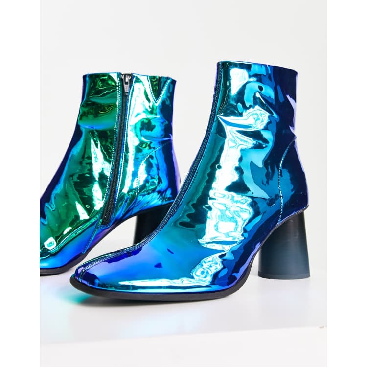 ASOS DESIGN heeled chelsea boot in blue mirror faux leather