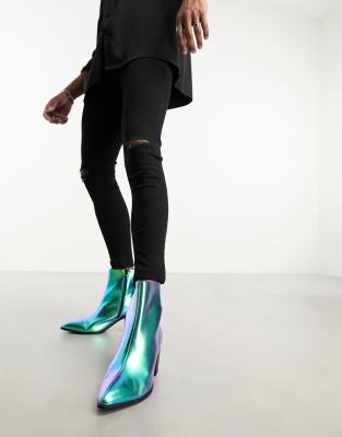 Asos Design Heeled Chelsea Boot In Blue Mirror Faux Leather-multi