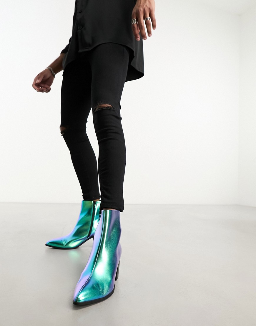 ASOS DESIGN heeled chelsea boot in blue mirror faux leather-Multi